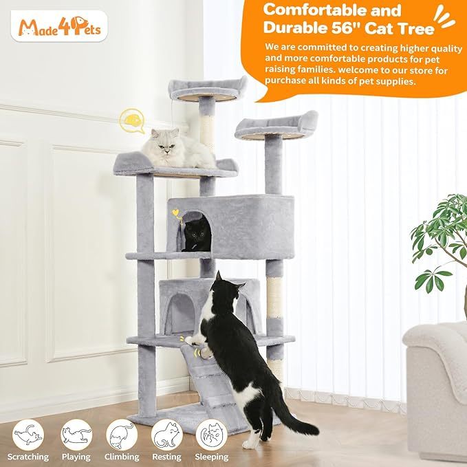 Made4Pets 56" Multi-Level Cat Tree Tower for Indoor Cats - 2 Condo Apartments, Sisal Scratching Posts & Hanging Toys, Light Gray