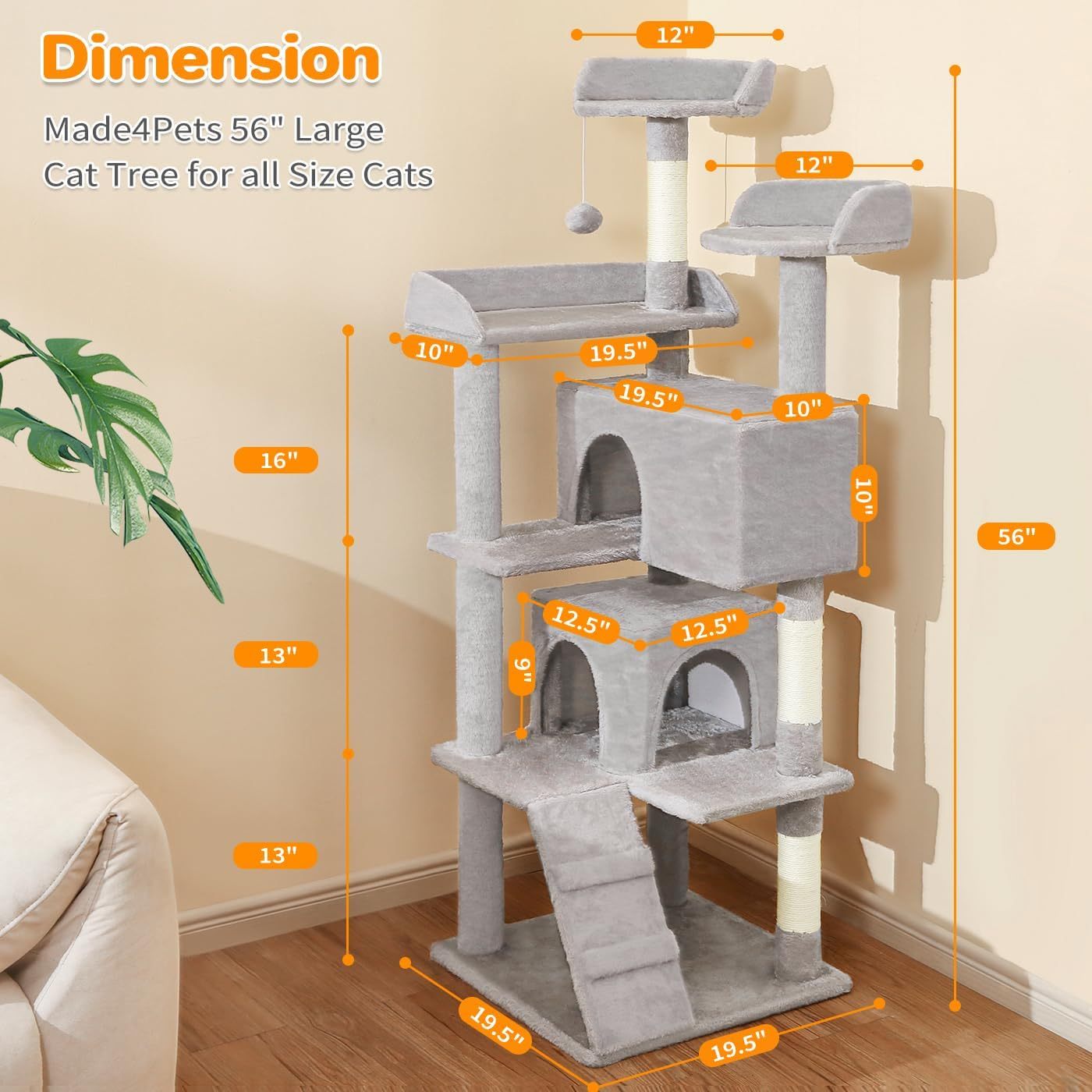 Made4Pets 56" Multi-Level Cat Tree Tower for Indoor Cats - 2 Condo Apartments, Sisal Scratching Posts & Hanging Toys, Light Gray