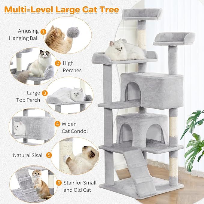 Made4Pets 56" Multi-Level Cat Tree Tower for Indoor Cats - 2 Condo Apartments, Sisal Scratching Posts & Hanging Toys, Light Gray