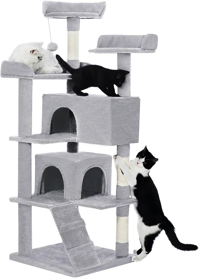 Made4Pets 56" Multi-Level Cat Tree Tower for Indoor Cats - 2 Condo Apartments, Sisal Scratching Posts & Hanging Toys, Light Gray