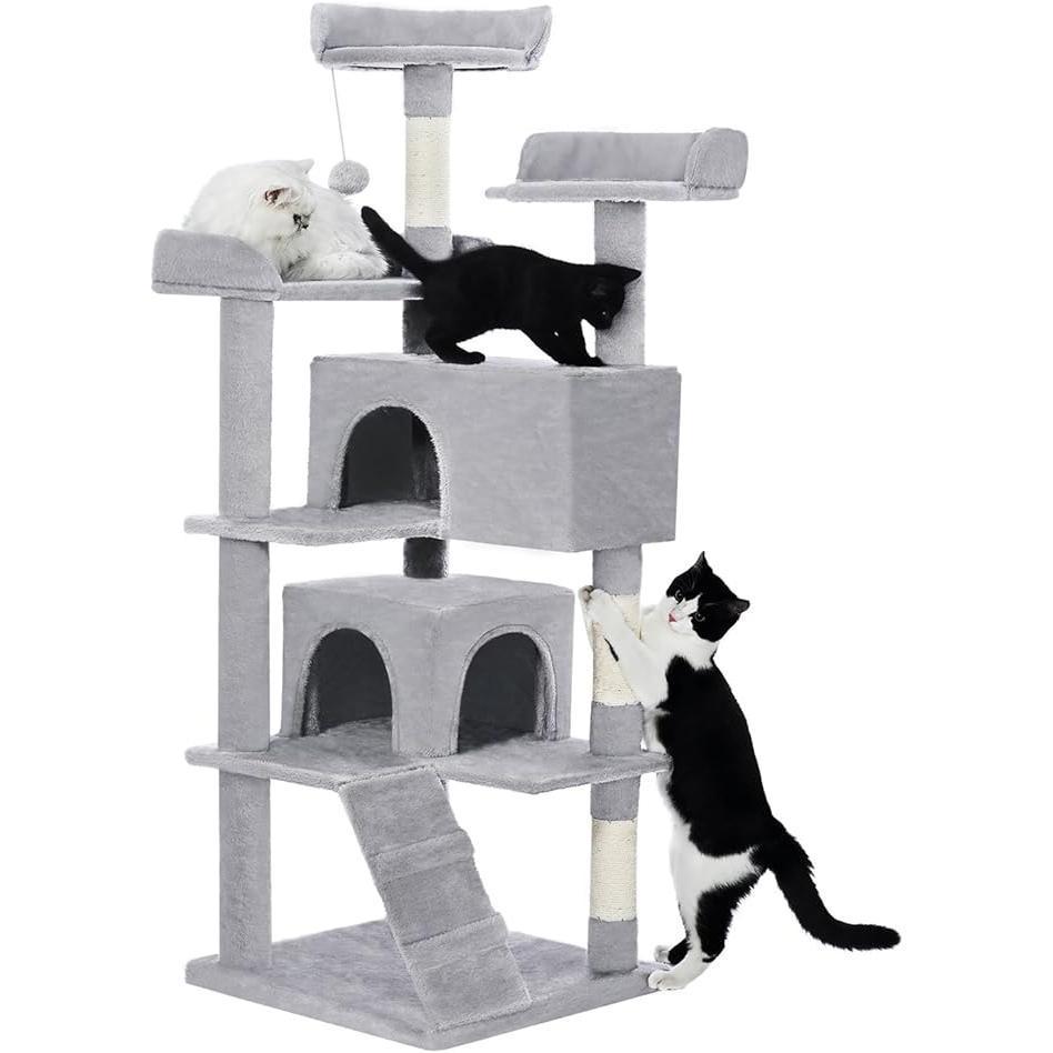 Made4Pets 56" Multi-Level Cat Tree Tower for Indoor Cats - 2 Condo Apartments, Sisal Scratching Posts & Hanging Toys, Light Gray